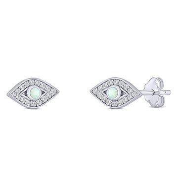 Halo Eye Stud Earring Simulated Cubic Zirconia Created White Opal Solid 925 Sterling Silver (5.8mm)